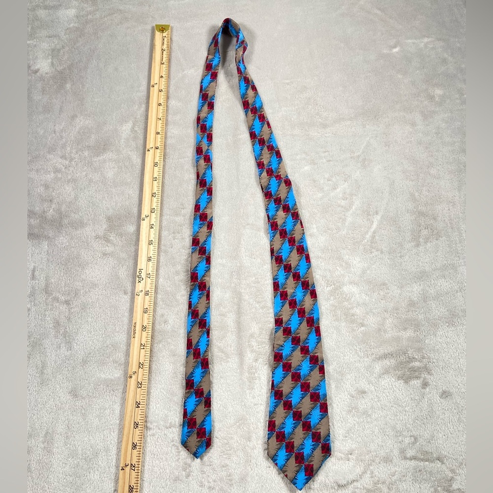 Krizia Silk Tie Italian hand made abstract blue gray and red geometric pattern